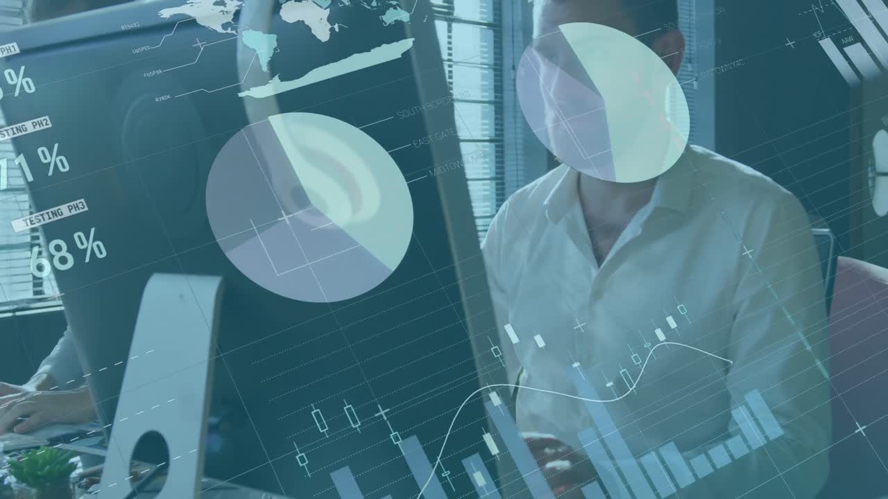 animación del procesamiento de datos estadísticos contra el hombre caucásico que usa computadora en la oficina