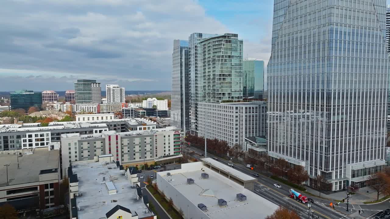 Aerial view of modern towers of downtown in Suburb District of Atlanta City, Georgia. CLoudy day in fall season. Wide shot.