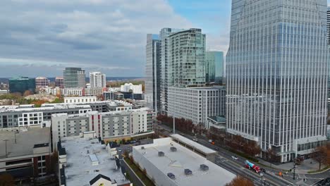 aerial view of modern towers of downtown in suburb district of atlanta city, georgia. cloudy day in fall season. wide shot.