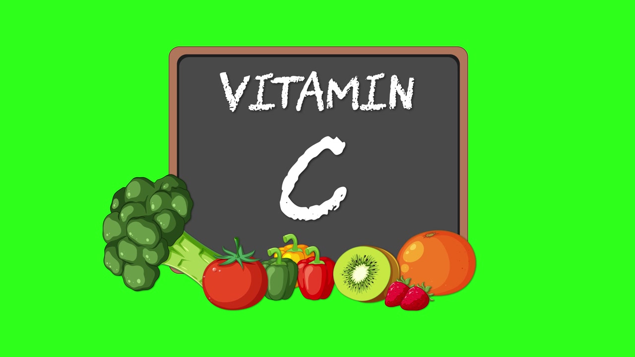 Chalkboard with 'Vitamin C' text, fruits and vegetables animate in on bright green background