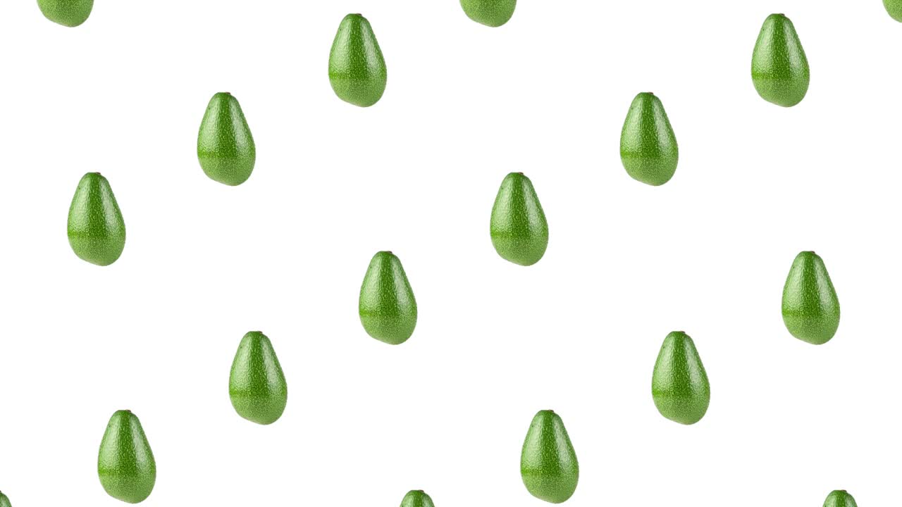 pattern with many whole avocados rotating close-up on a white background. seamless looping animation with copy space