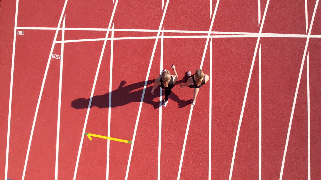 Two runners seen from above on a complex network of white lanes and yellow directional arrows on a red track. Sharp shadows add dynamic contrast