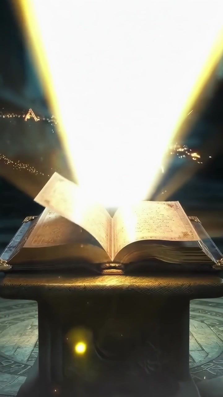 Libro magico aperto che emette luce dorata e particelle