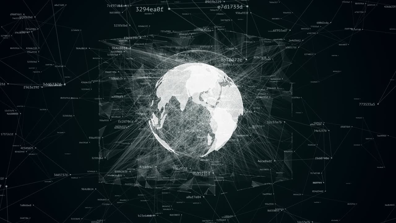 earth globe with a lot of connections spinning in cube with geometric noise