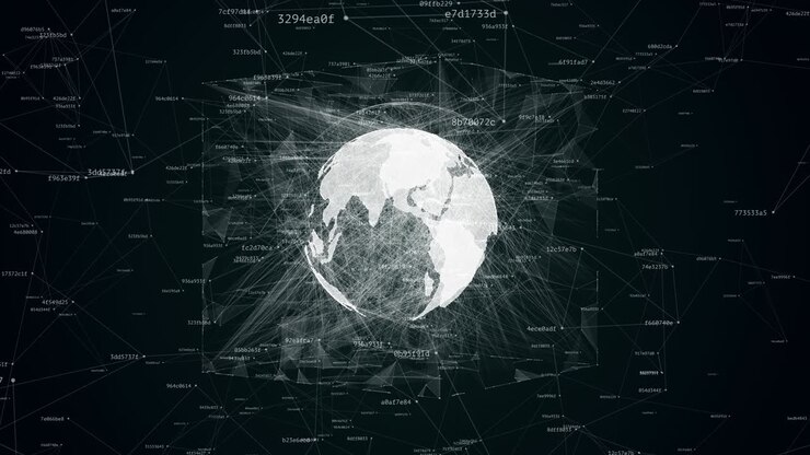 earth globe with a lot of connections spinning in cube with geometric noise