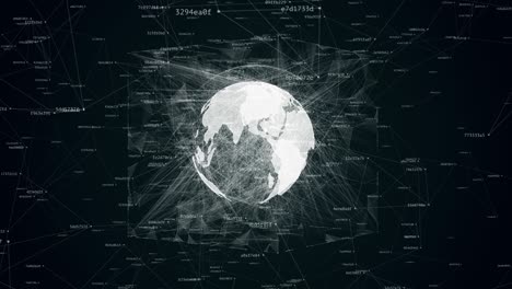 earth globe with a lot of connections spinning in cube with geometric noise