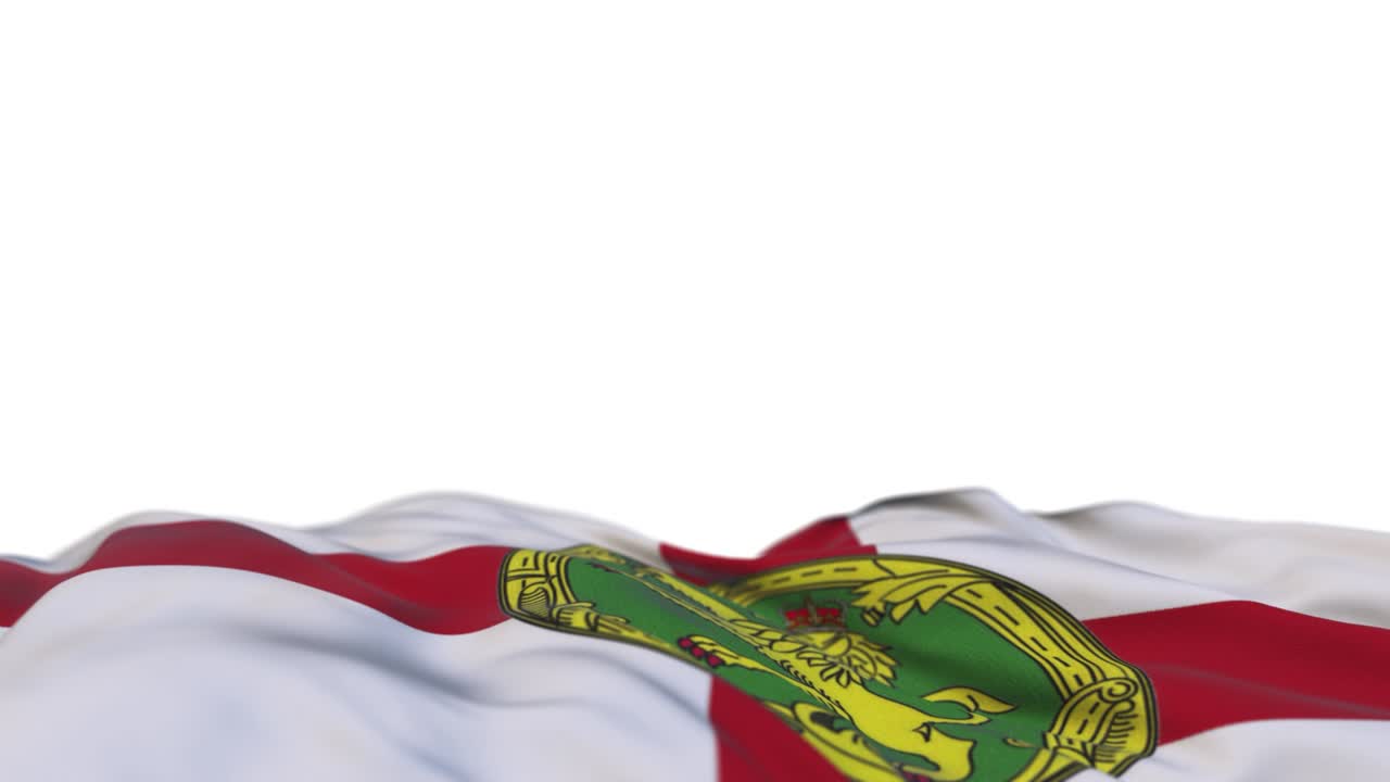 bandera de tela de alderney ondeando en el bucle del viento. bordado de aldernian estampar un estandarte de tela balanceándose en la brisa. fondo blanco medio lleno. lugar para el texto. bucle de 20 segundos.