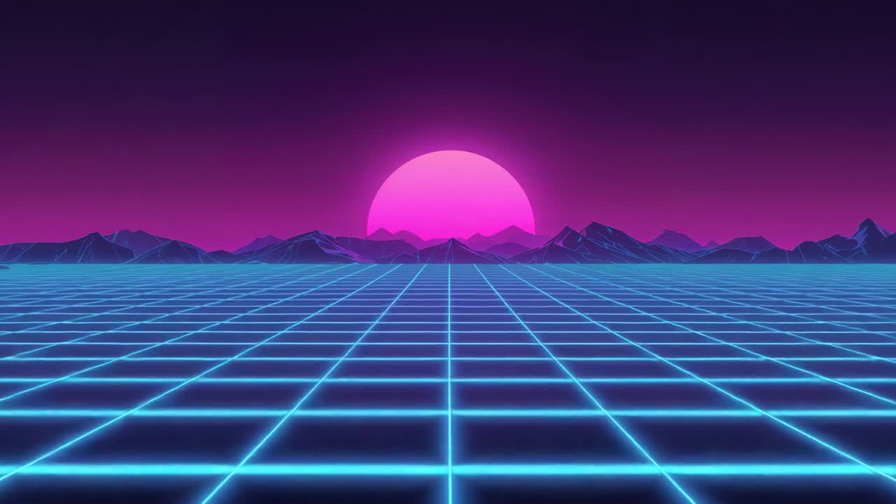 Displaying retro neon-blue grid plane extending toward magenta sun over mountain silhouettes