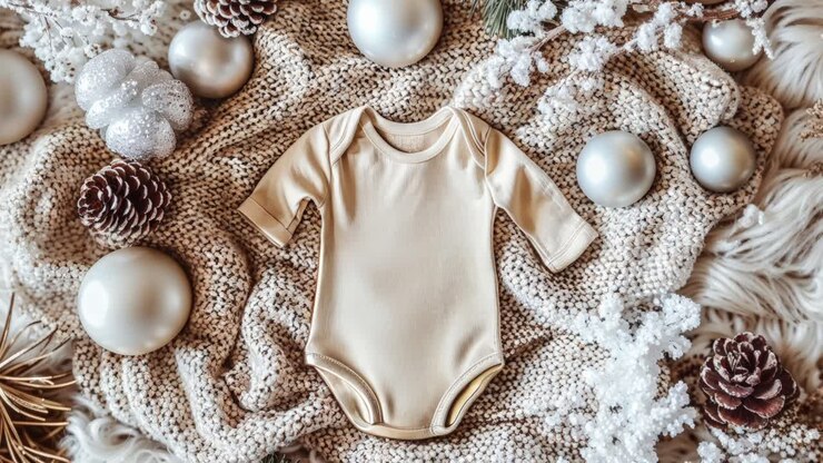 beige baby-bodysuit-mockup mit weihnachtsschmuck