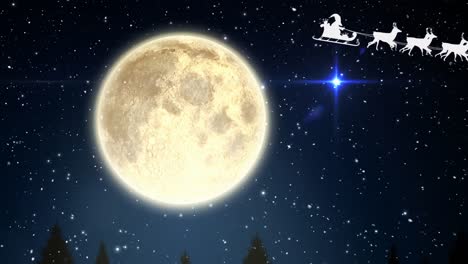 animation of santa claus in sleigh with reindeer over snow falling and sky with moon