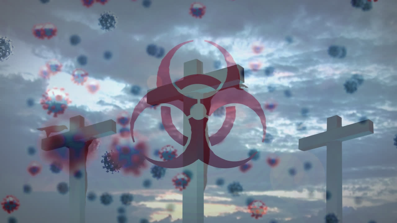 코로나19 세포가 배경의 십자가에 맞춰 움직이는 위험 표지판