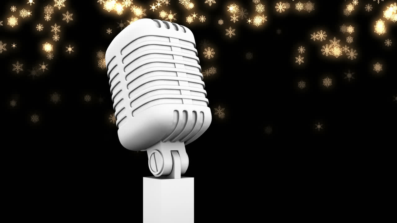 animación de nieve cayendo sobre el micrófono en un fondo oscuro