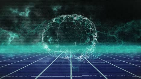 animation of digital brain and shapes over dark clouds