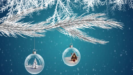 animation of fir tree with baubles over snow falling on blue background