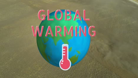 texto de calentamiento global y icono del termómetro contra la rotación contra el desierto en el fondo