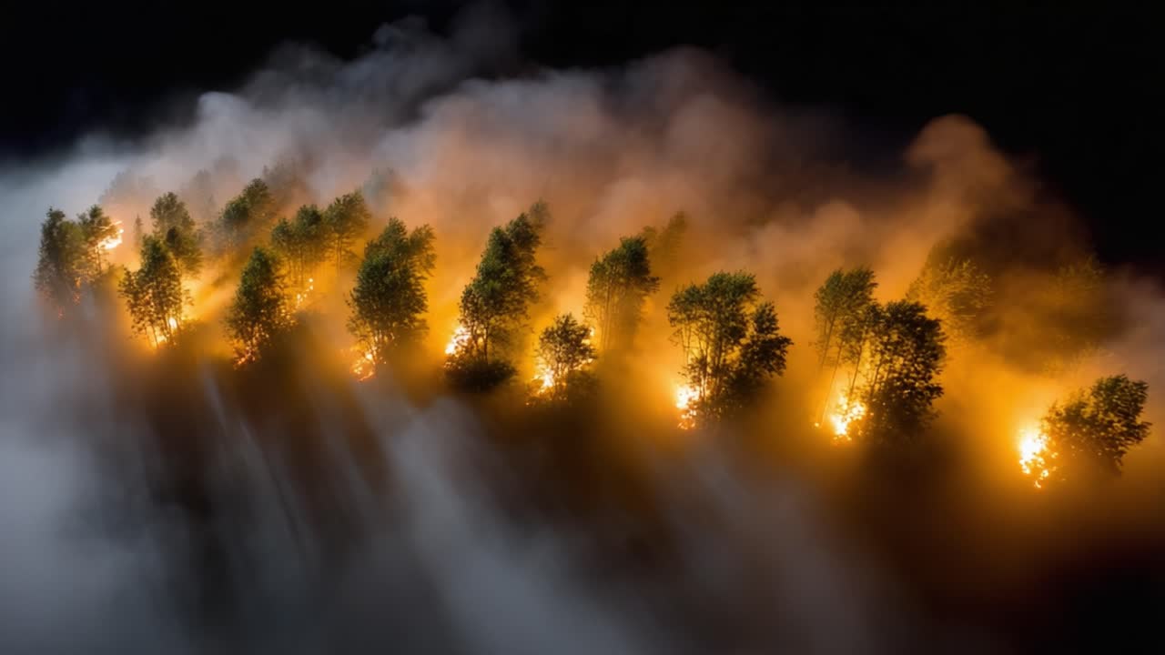 A dramatic scene of trees caught in a vivid, glowing blaze, enveloped by thick mist, creating a striking visual contrast between light and shadow in a dark landscape