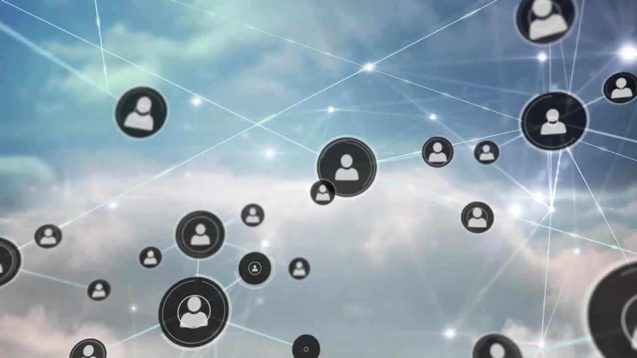 하늘 위의 아이콘으로 연결 네트워크의 애니메이션