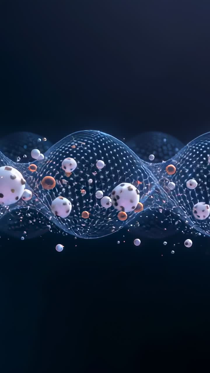 Vertical video: Looping sheer blue mesh waving on navy backdrop carrying speckled spheres, rings