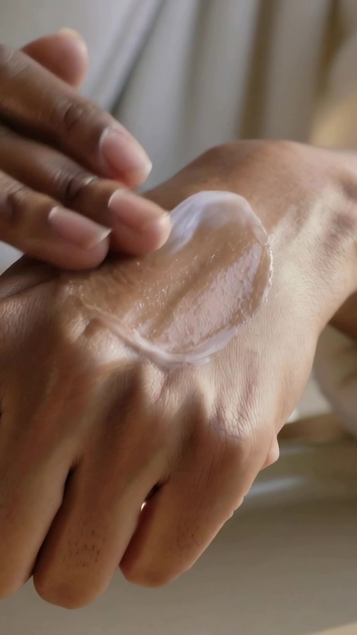 Video vertical: Un dedo guía esparciendo gel en el dorso de una mano con manga clara, sobre una mesa.