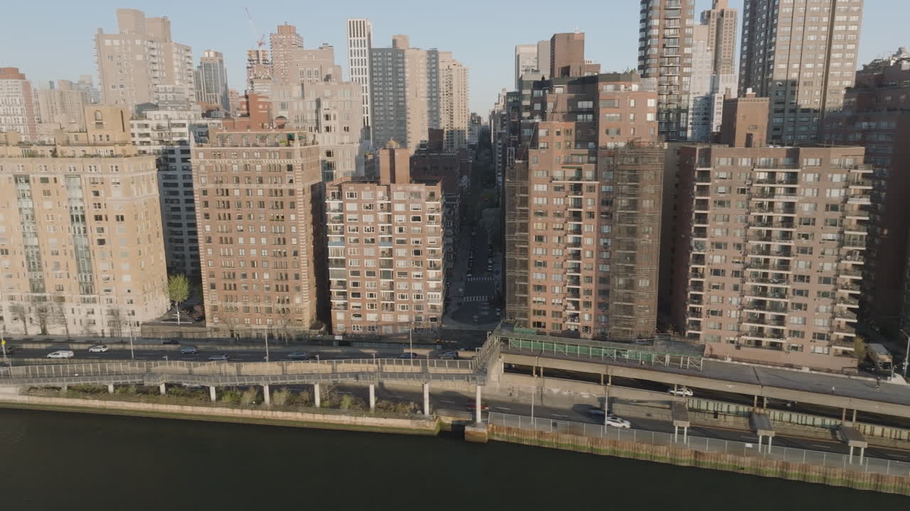 Aerial view of Upper West Side apartment buildings. Shot in New York City at sunrise.