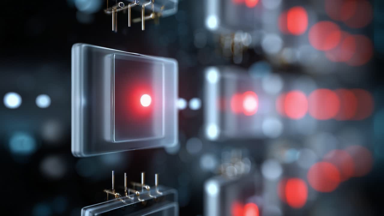 Close-up of Advanced Technology with Illuminated Circuit Components Showcasing Red Indicators in a Sleek, Futuristic Layout of Electronic Systems and Data Transmission