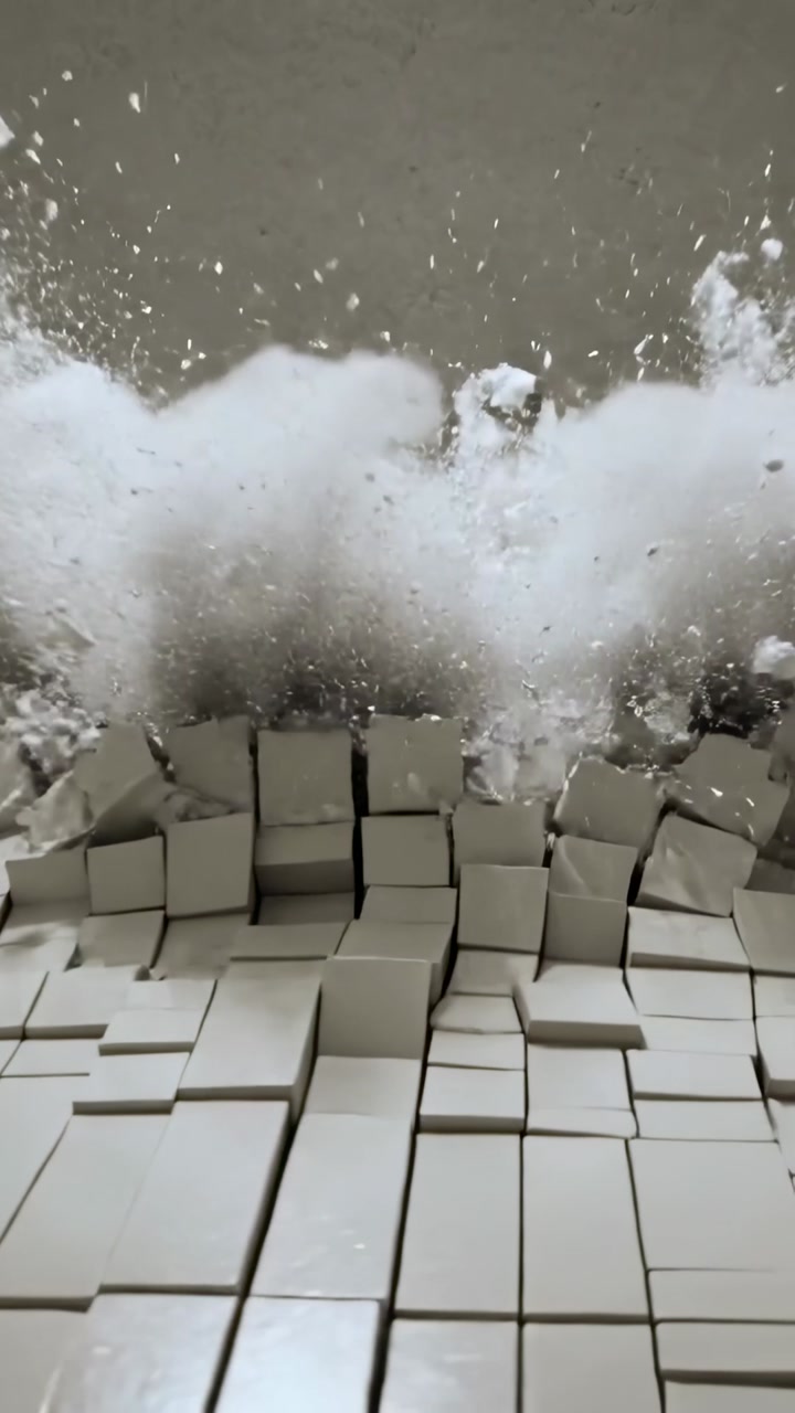 Powerful Impact Shatters White Tiles in an Abstract Explosion