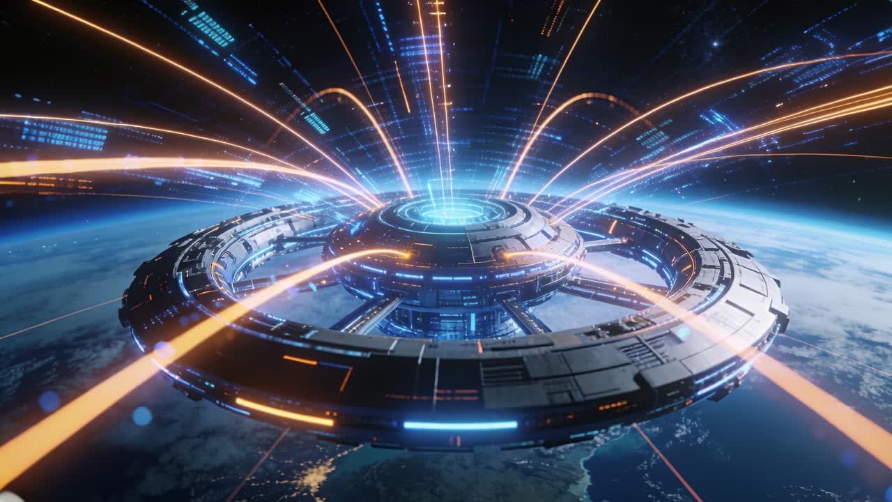 Ring station activating, core flaring blue, orange arcs rising, camera closing, powering beacon