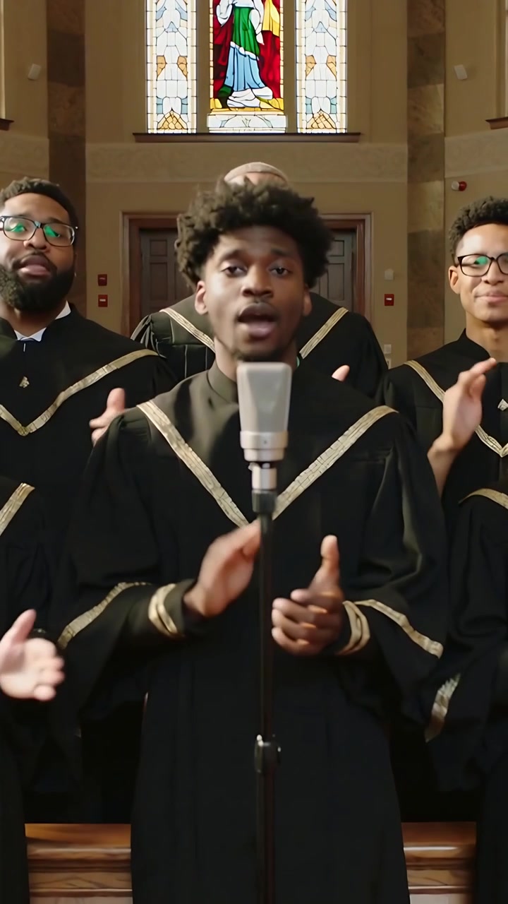Vertikální video: Sbor dává znamení zpěvákovi zpívajícímu gospel, tleskání v kostele, mikrofon, černé róby se zlatým lemováním.