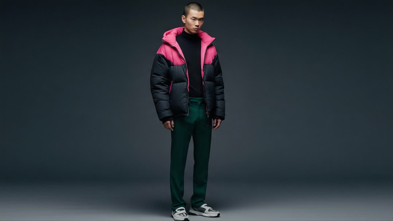 A Fashion-forward Male Model Showcasing an Urban Chic Look in a Stylish Puffer Jacket and Tailored Pants Against a Minimalistic Background
