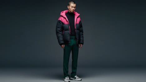 a fashion-forward male model showcasing an urban chic look in a stylish puffer jacket and tailored pants against a minimalistic background