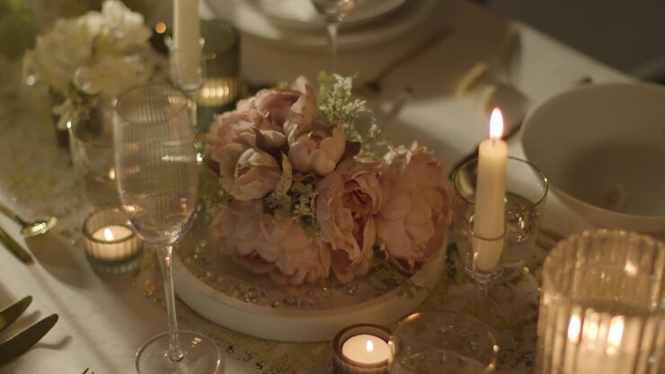 Close Up Of Bridal Bouquet On Table Set For Meal At Wedding Reception