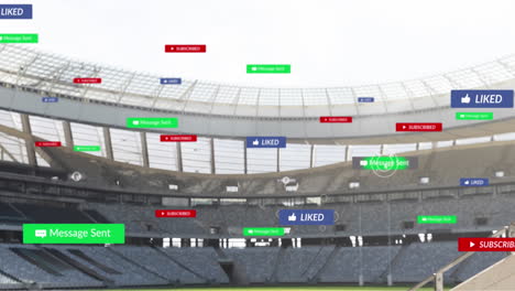 animación de iconos de las redes sociales en pancartas sobre un estadio deportivo vacío