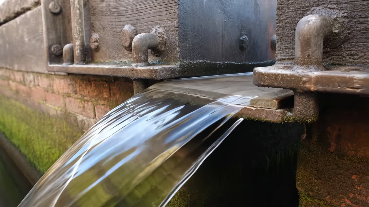Water flowing from a rustic wooden sluice gate