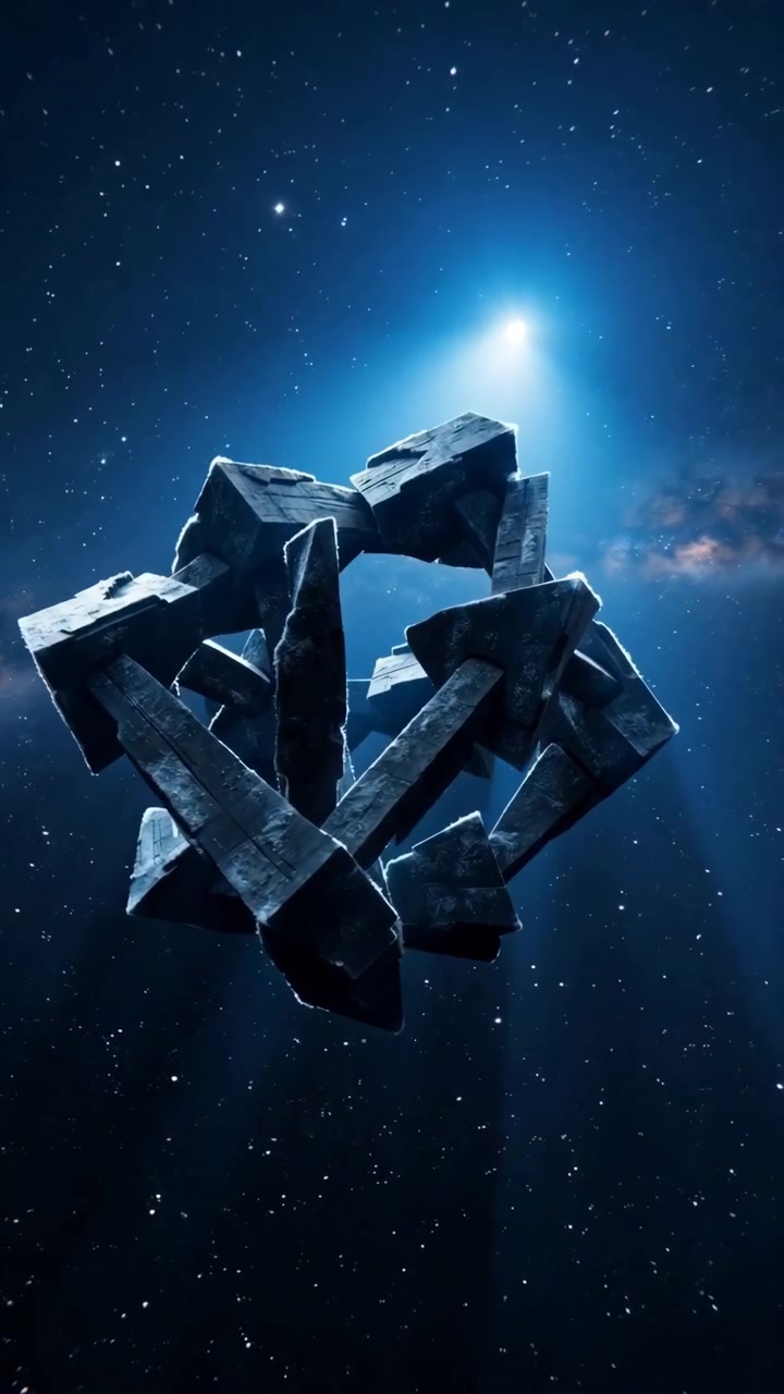 Sequential sci‑fi reveal from distant float to near‑collision: angular interlocking metal beams drift and rotate toward camera across clip, beginning centered