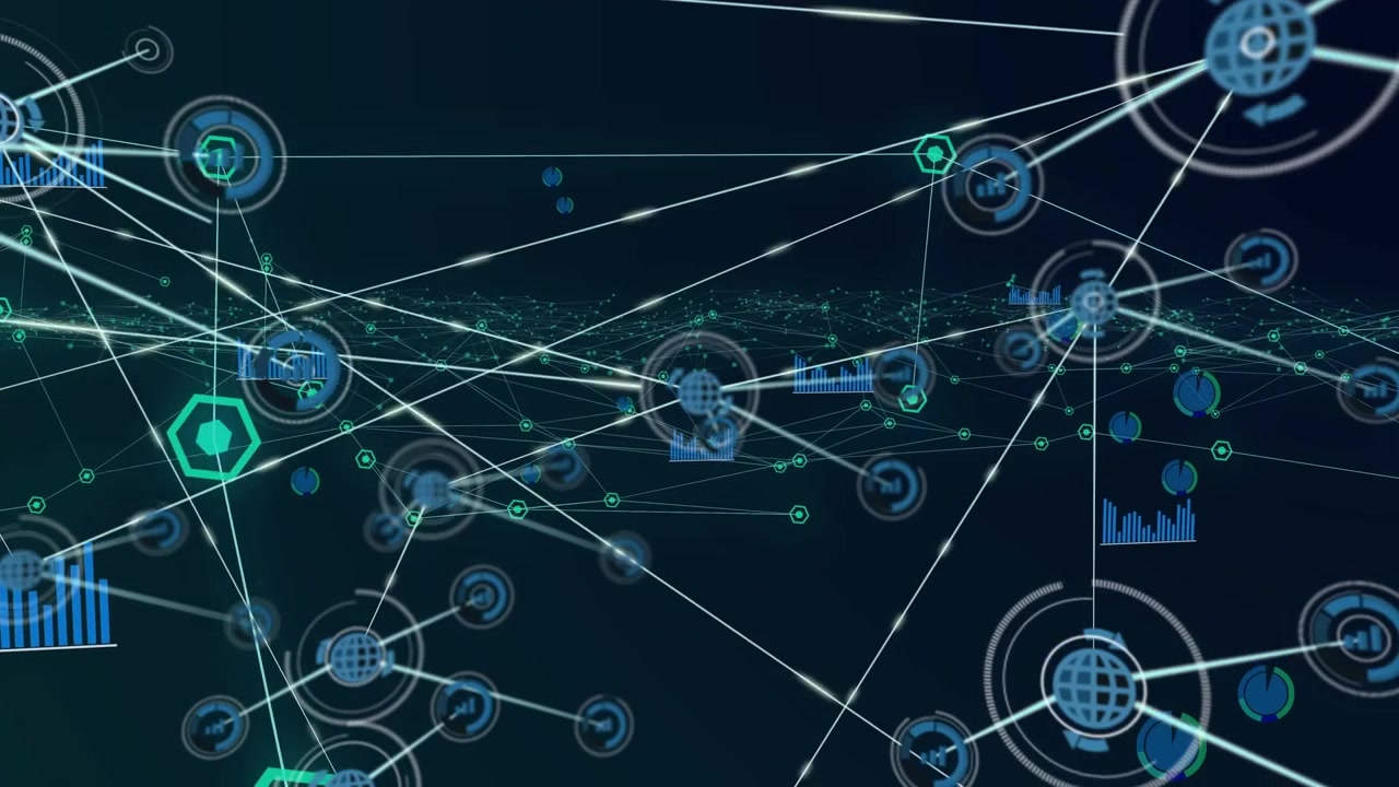 Animation of network of connections with icons over black background