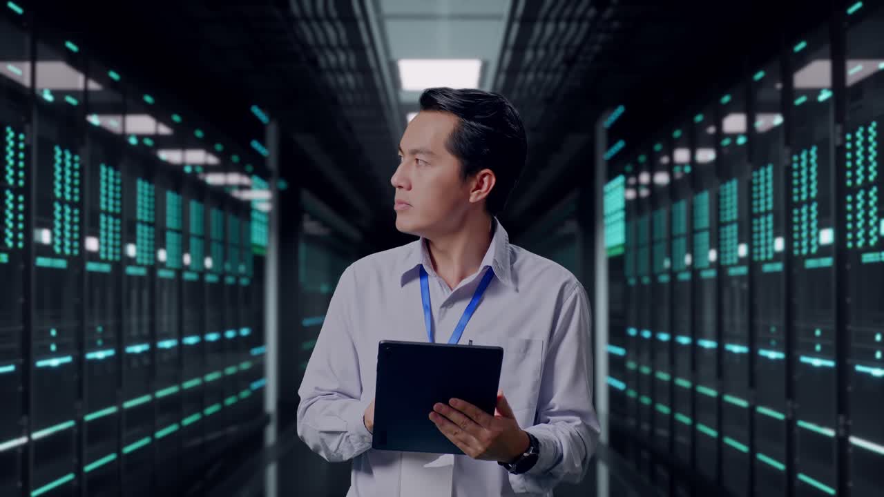 Asian Male Professional Worker Standing With His Tablet in Server Room Data Center, He Observes By Looking Around Before He Come To Concentrating With His Tablet