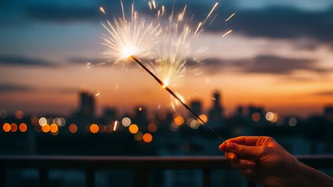 capturing the magic: a sparkler glows against a dusk sky, emitting bright sparks that illuminate a hand amidst the cityscape backdrop