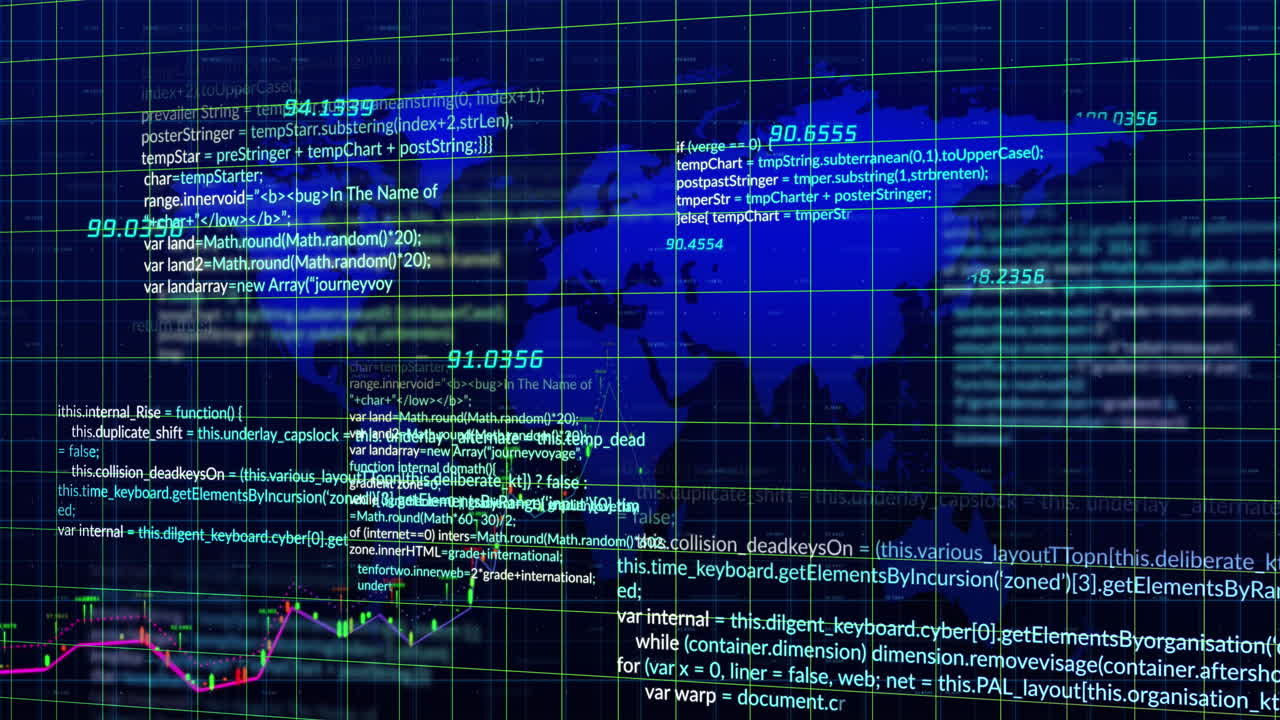 Animation of data processing over grid network and world map against blue background