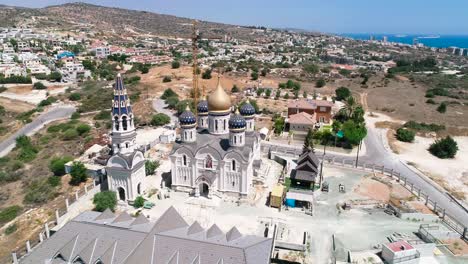 aerial drone footage of the new construction of russian orthodox church saint nicholas in limassol, cyprus