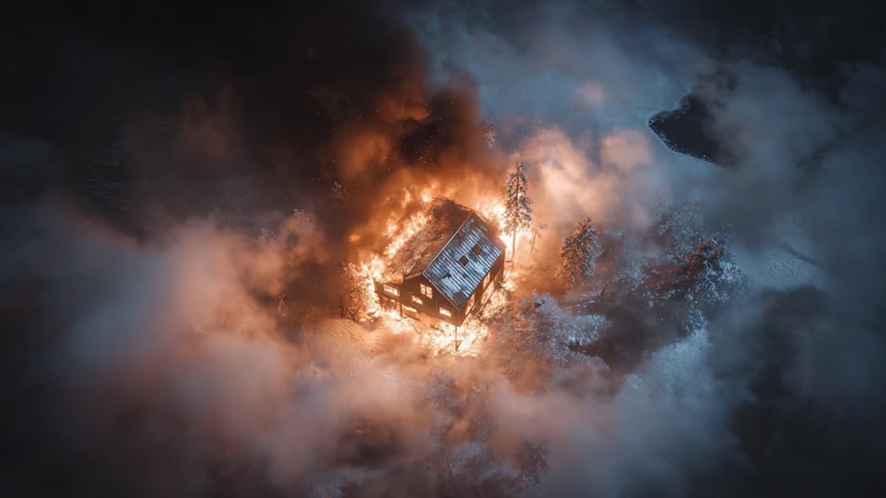 A Dramatic Scene of a Cabin Engulfed in Flames Surrounded by Smoke and Darkness, Illustrating the Intensity of a Fire Disaster in a Remote Landscape