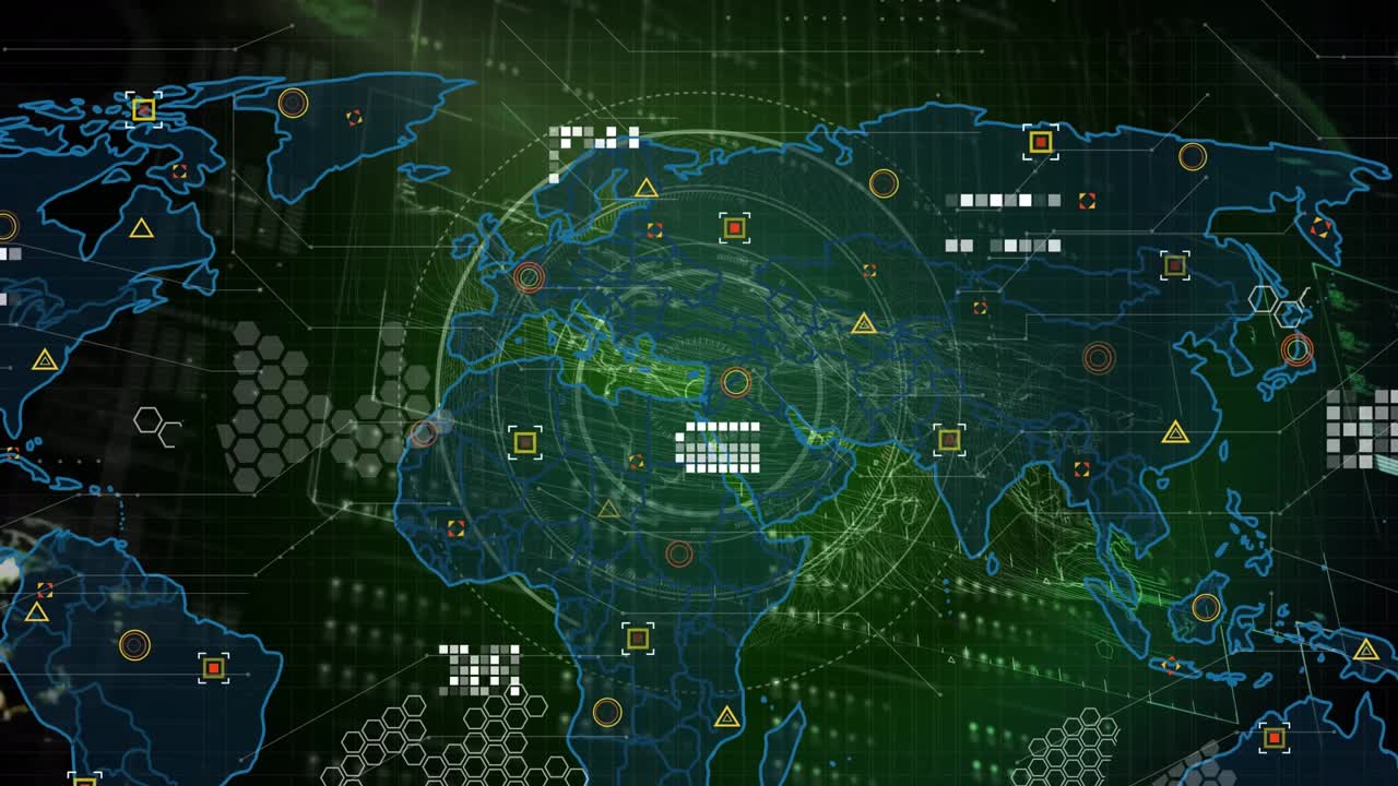 Animation of data processing and icons over world map and globe