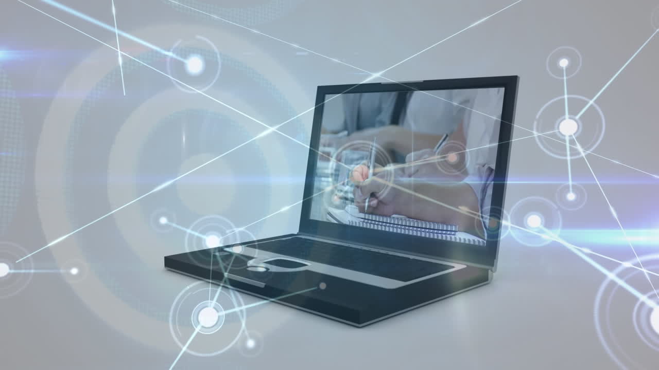 Animation of network of digital icons and light trails against business data processing on laptop