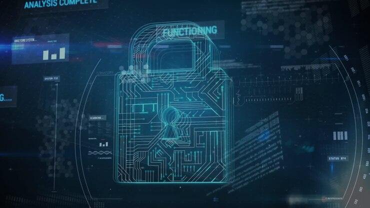 Animation of data and digital padlock on blue background