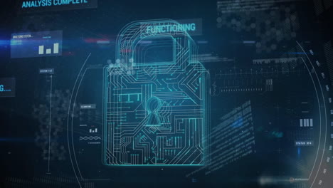 animación de datos y candado digital sobre fondo azul