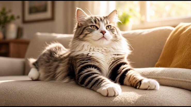 Fluffy Tabby Cat Waking Up and Stretching on a Sofa