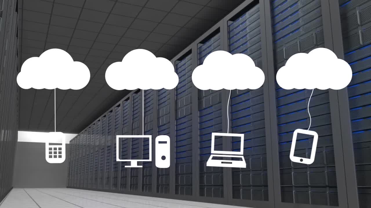 animación de nubes digitales con iconos sobre servidores de computadoras