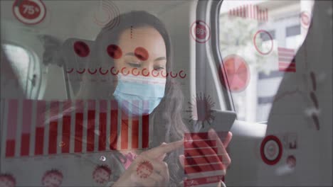 animation of covid 19 cells and dat over asian woman in face mask using smartphone