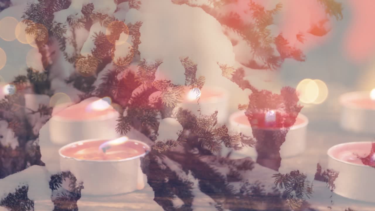 анимация свечей над зимними хвойными деревьями со снегом