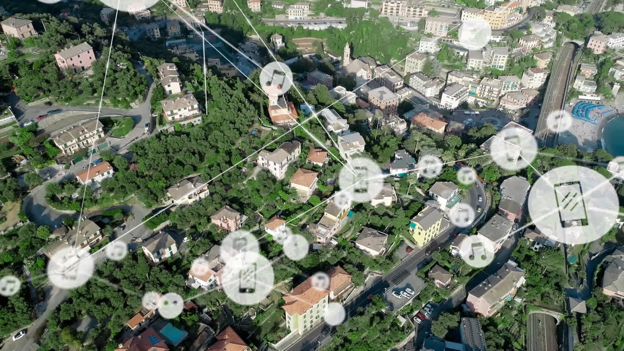 animación de la red de conexiones con iconos sobre el paisaje urbano