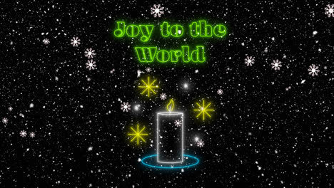 animación de alegría para el mundo texto sobre la nieve que cae en fondo negro en navidad